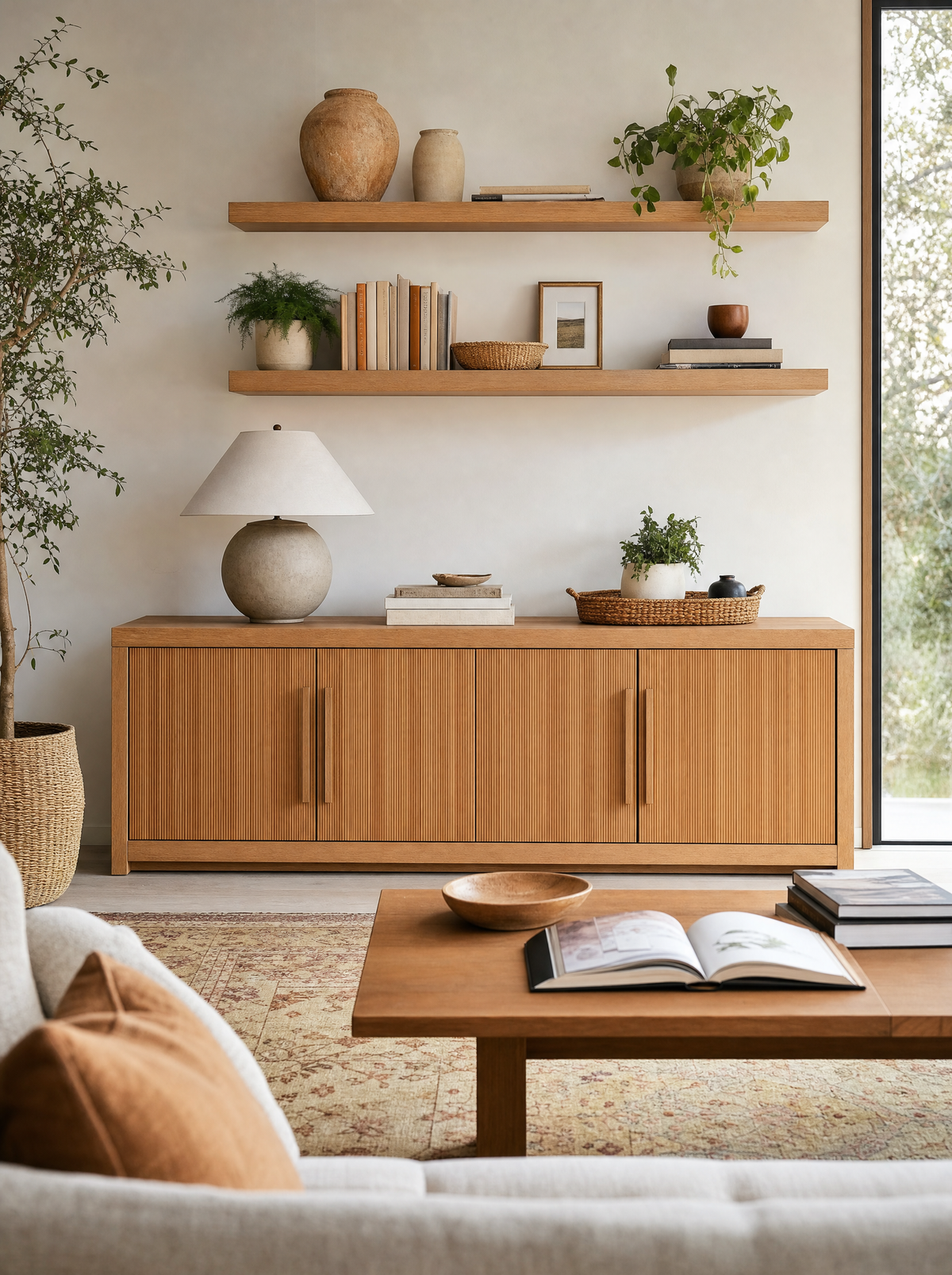 Fluted wood storage cabinet and floating shelves