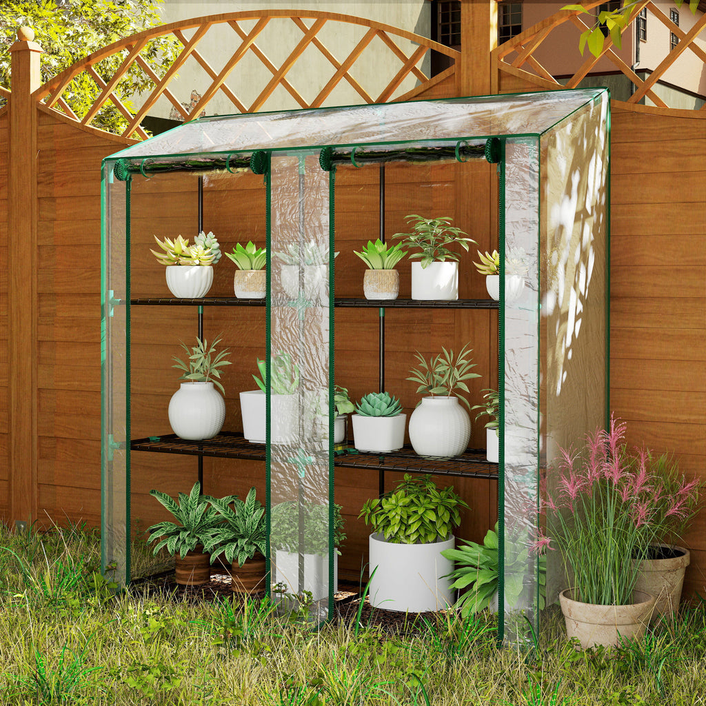 Lean-to Greenhouse, Portable Greenhouse with 3 Tier Shelves, 2 Roll-Up Zippered Doors, 56.3" x 18.1" x 59.4", Clear — product image 3