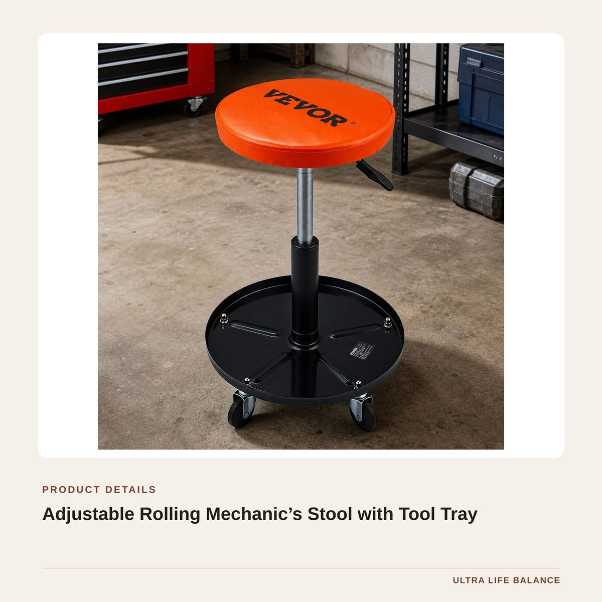 Adjustable Rolling Mechanic’s Stool with Tool Tray product detail