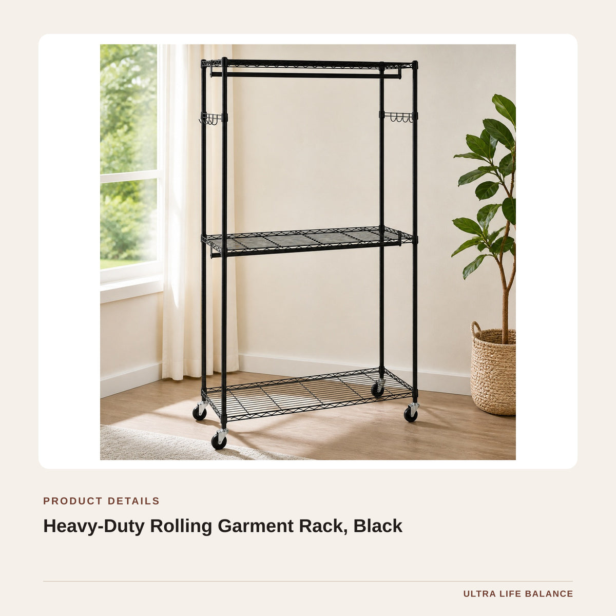 Heavy-Duty Rolling Garment Rack, Black product detail