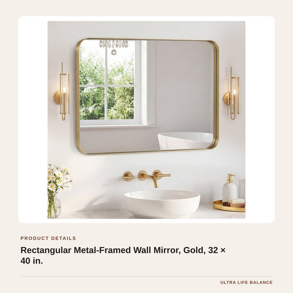 Rectangular Metal-Framed Wall Mirror, Gold, 32 × 40 in. product detail