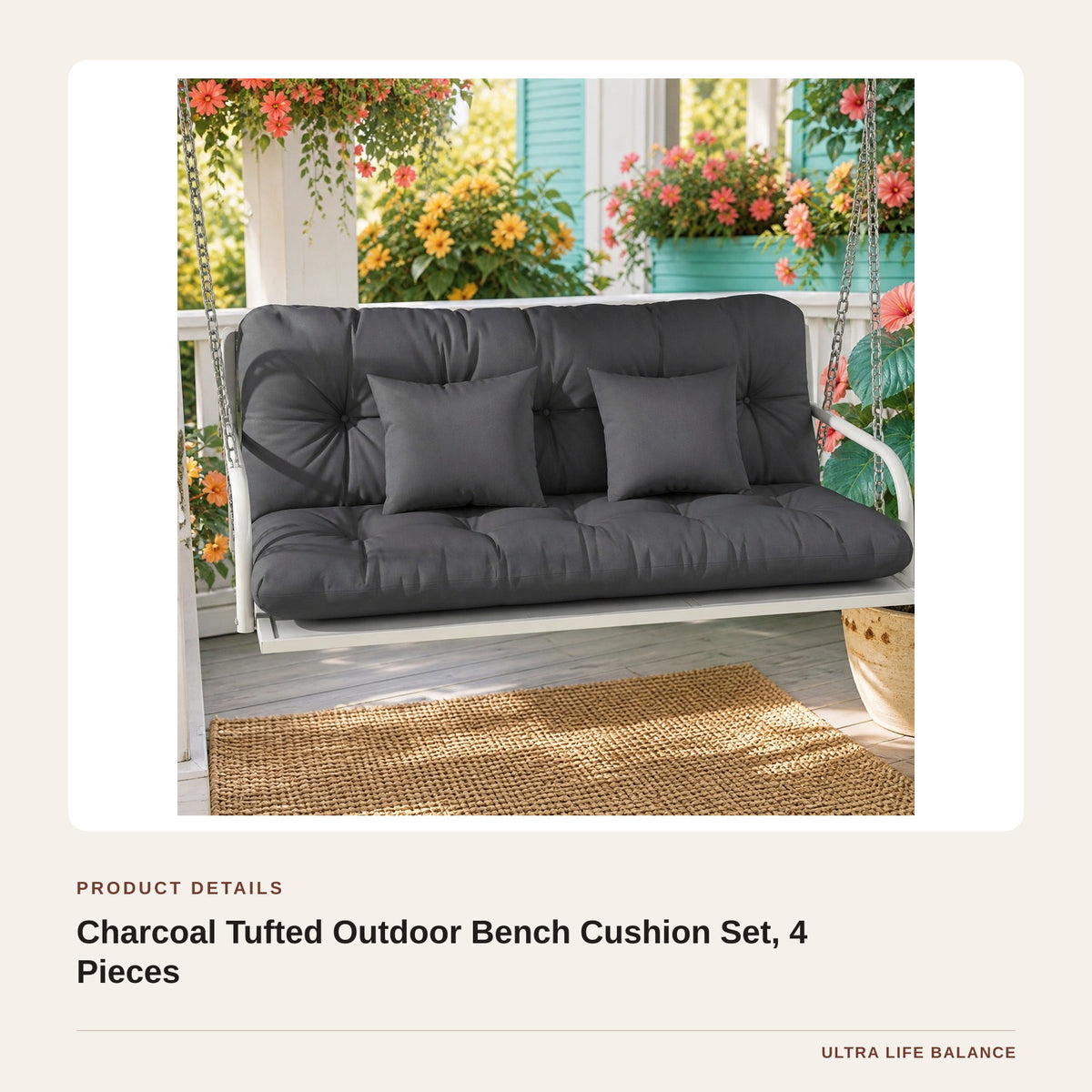 Charcoal Tufted Outdoor Bench Cushion Set, 4 Pieces product detail