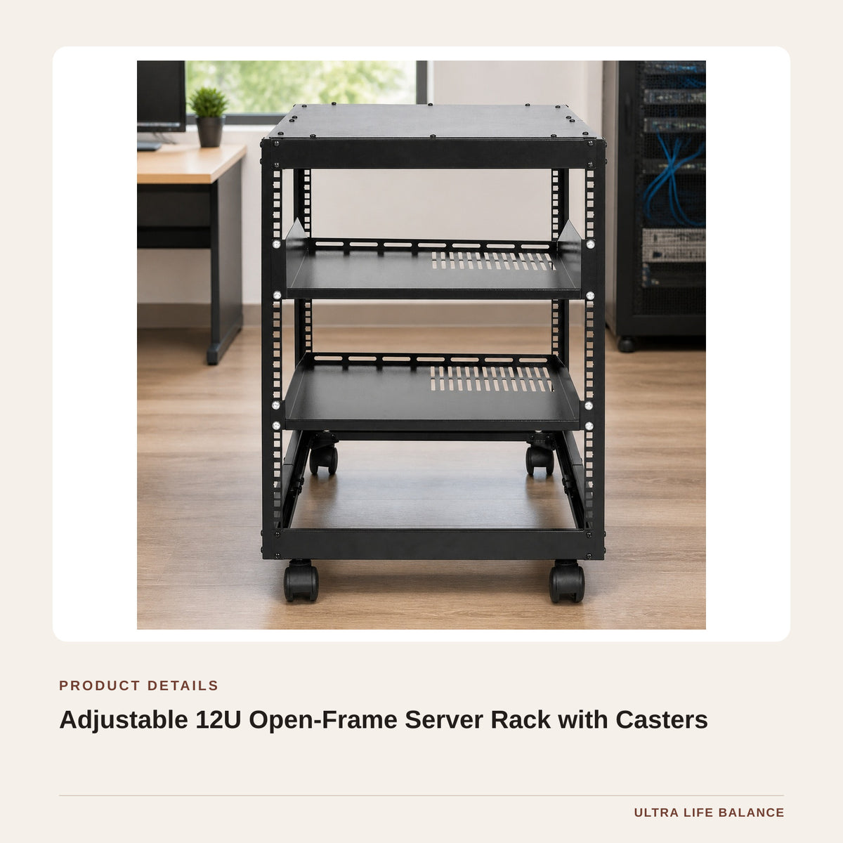 Adjustable 12U Open-Frame Server Rack with Casters product detail