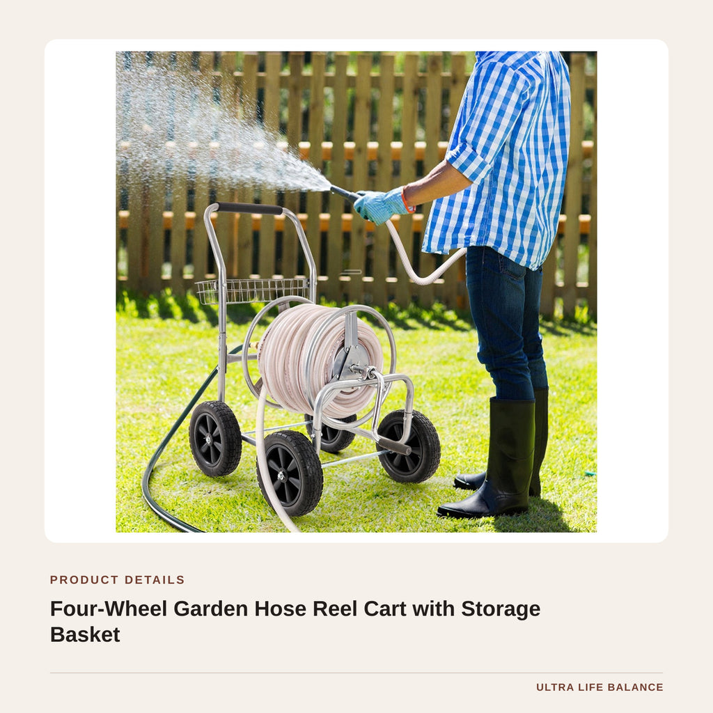 Four-Wheel Garden Hose Reel Cart with Storage Basket product detail