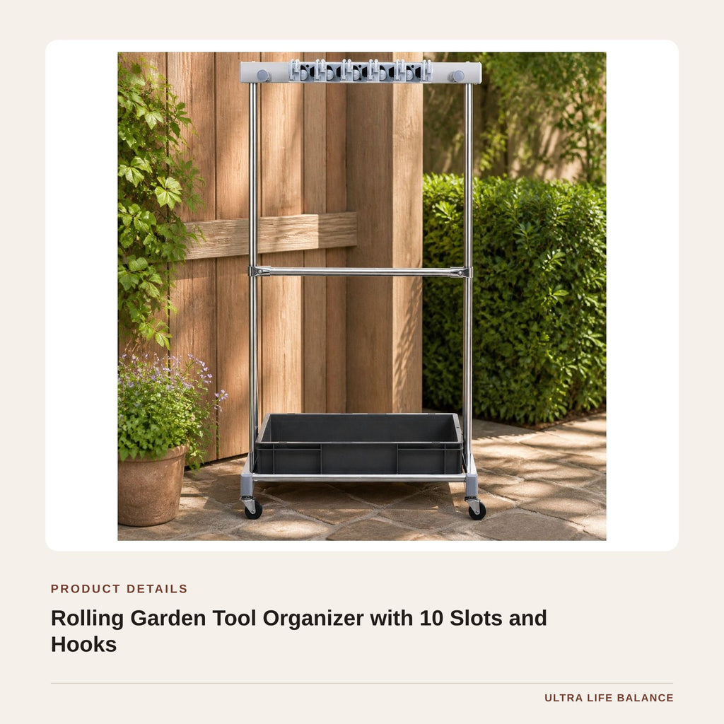 Rolling Garden Tool Organizer with 10 Slots and Hooks product detail