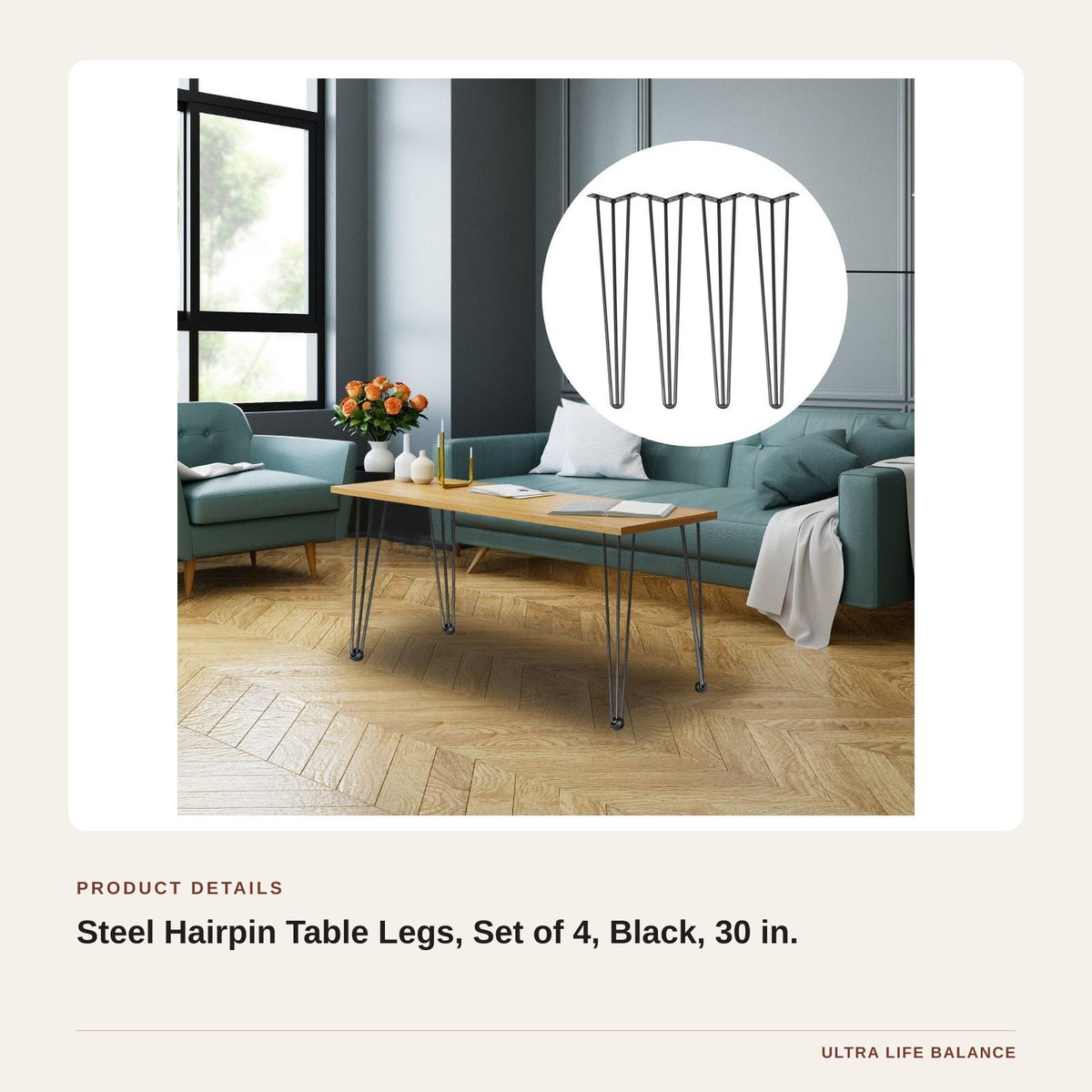 Steel Hairpin Table Legs, Set of 4, Black, 30 in. product detail