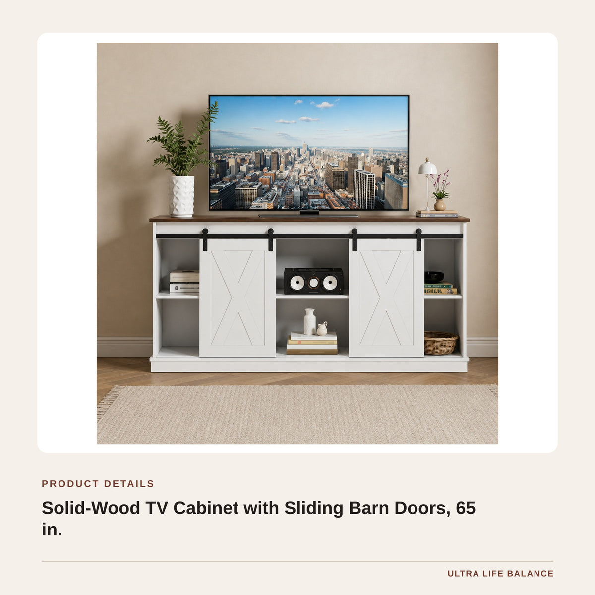 Solid-Wood TV Cabinet with Sliding Barn Doors, 65 in. product detail