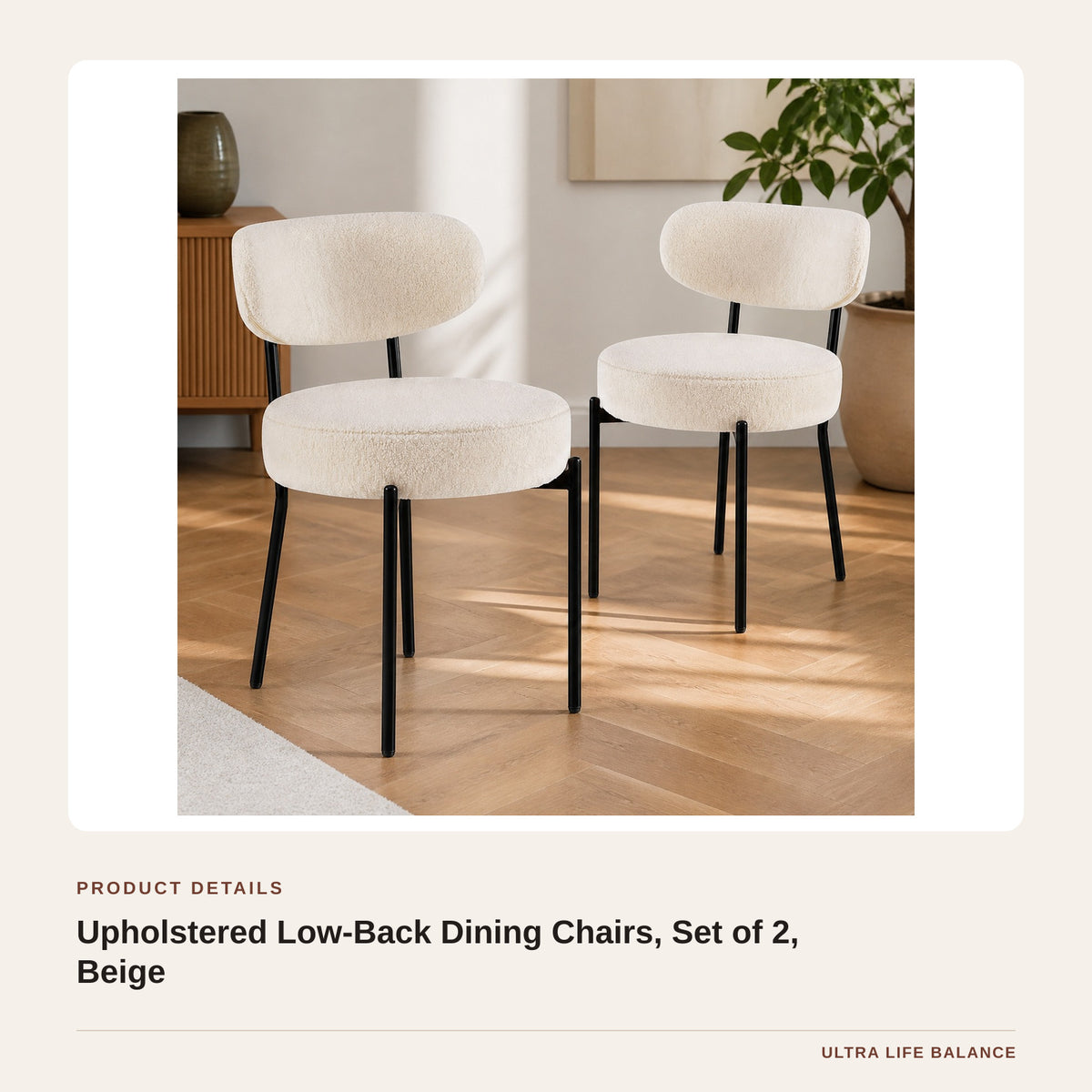 Upholstered Low-Back Dining Chairs, Set of 2, Beige product detail