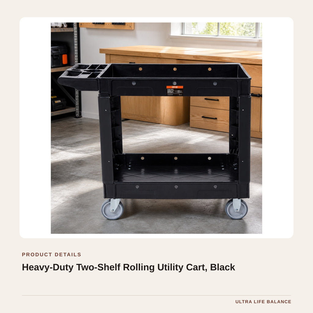 Heavy-Duty Two-Shelf Rolling Utility Cart, Black product detail