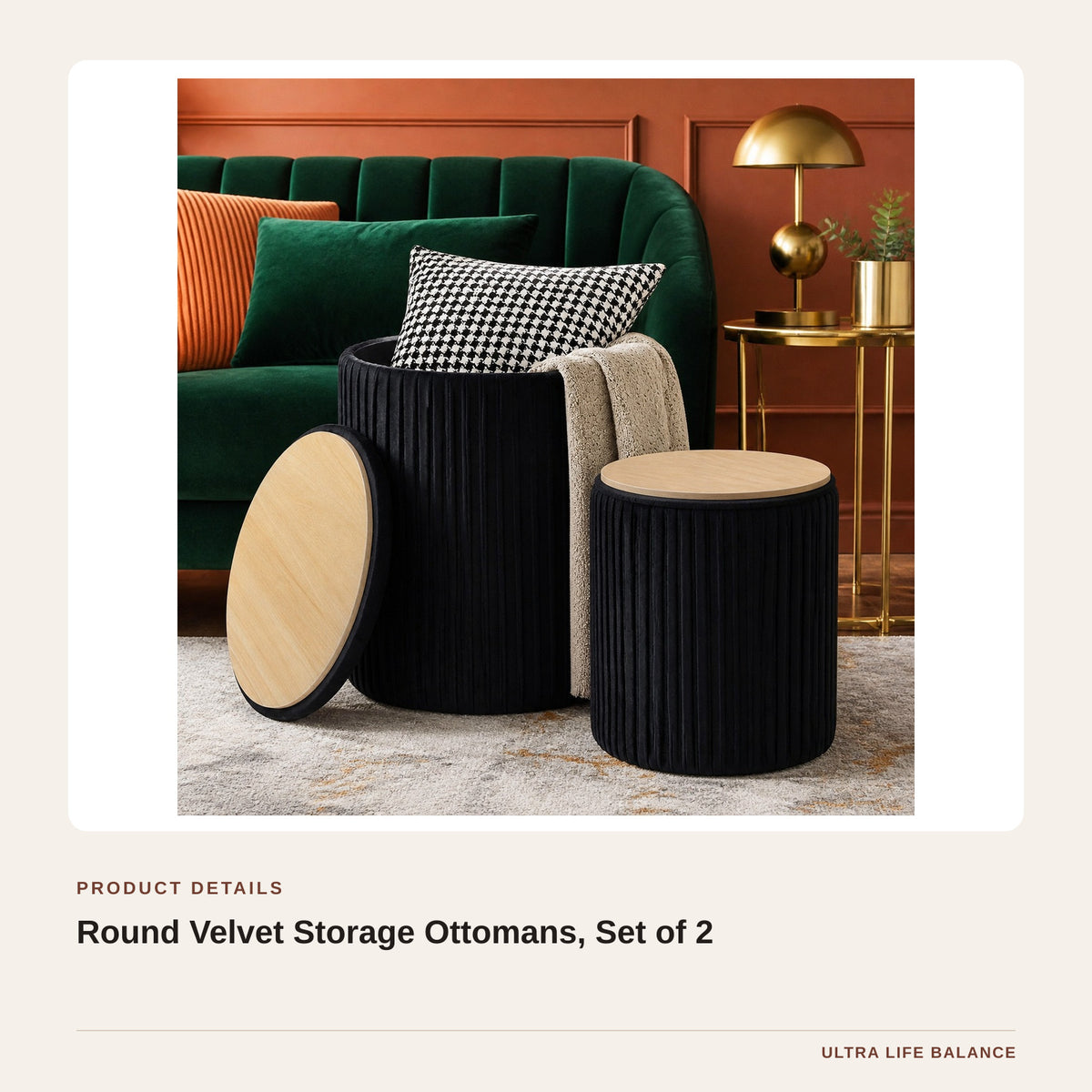 Round Velvet Storage Ottomans, Set of 2 product detail