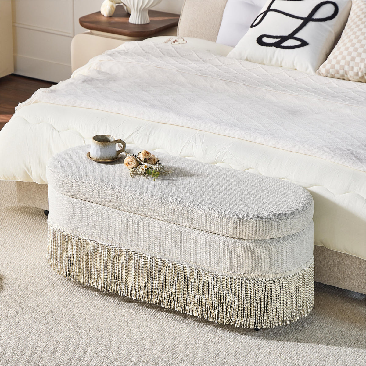 Oval Upholstered Storage Ottoman with Fringe Trim & Lift-Top Lid - 39l X 16w X 17h — product image 2