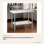 Stainless-Steel Prep Table with Backsplash, 24 × 48 in. product detail