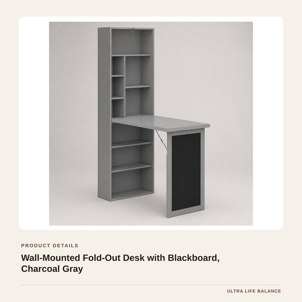 Wall-Mounted Fold-Out Desk with Blackboard, Charcoal Gray product detail