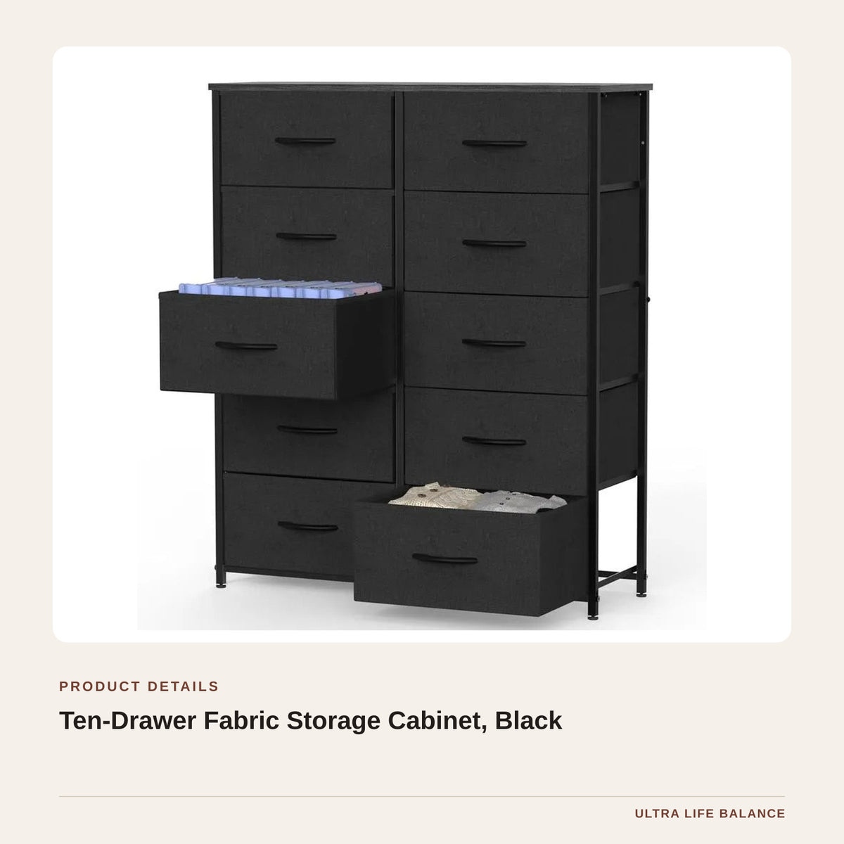 Ten-Drawer Fabric Storage Cabinet, Black product detail