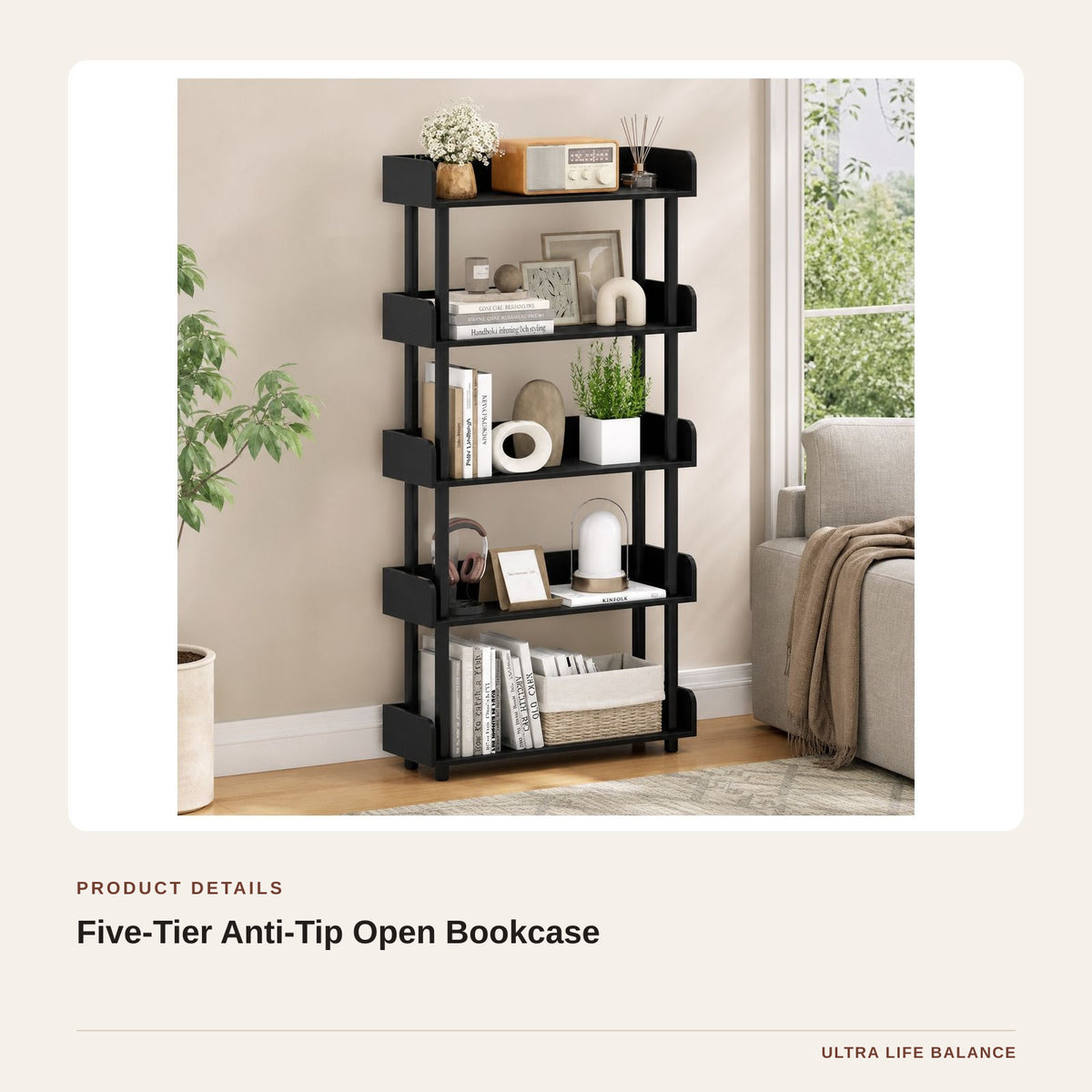 Five-Tier Anti-Tip Open Bookcase product detail