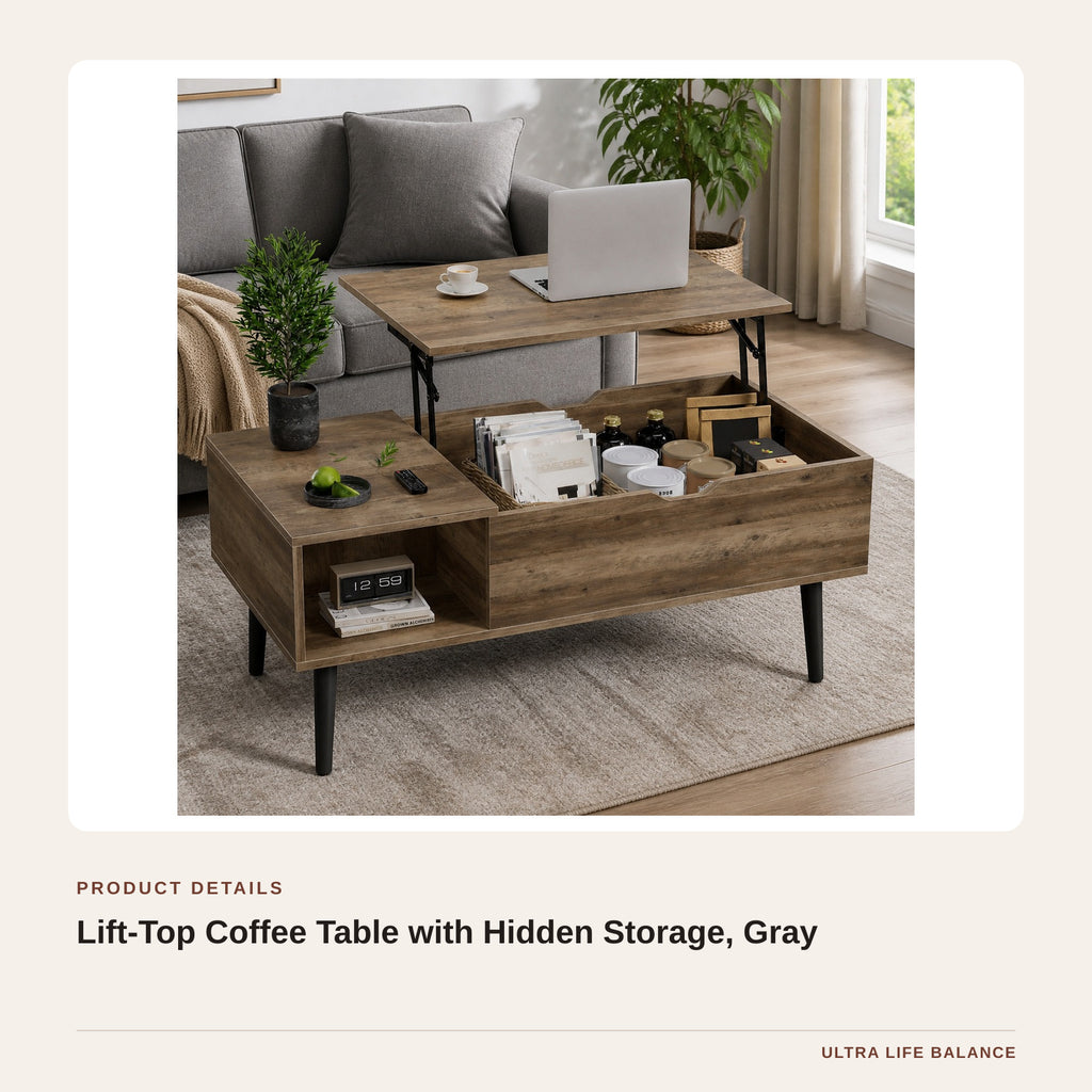 Lift-Top Coffee Table with Hidden Storage, Gray product detail