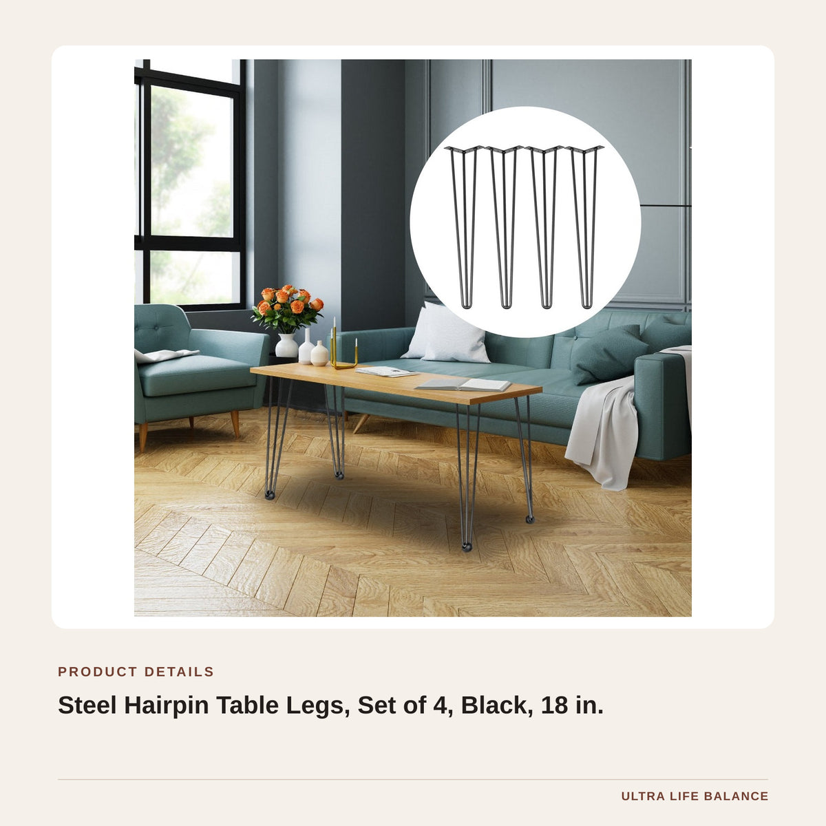 Steel Hairpin Table Legs, Set of 4, Black, 18 in. product detail