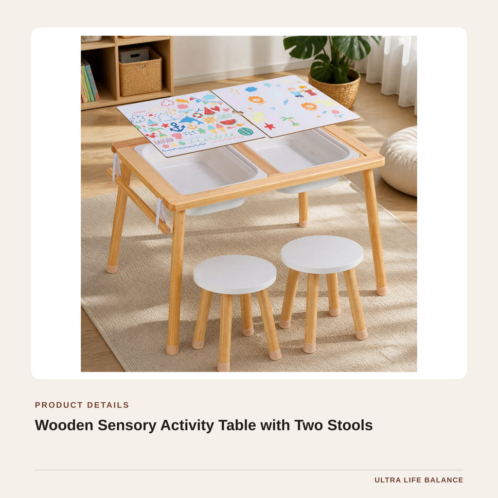 Wooden Sensory Activity Table with Two Stools product detail