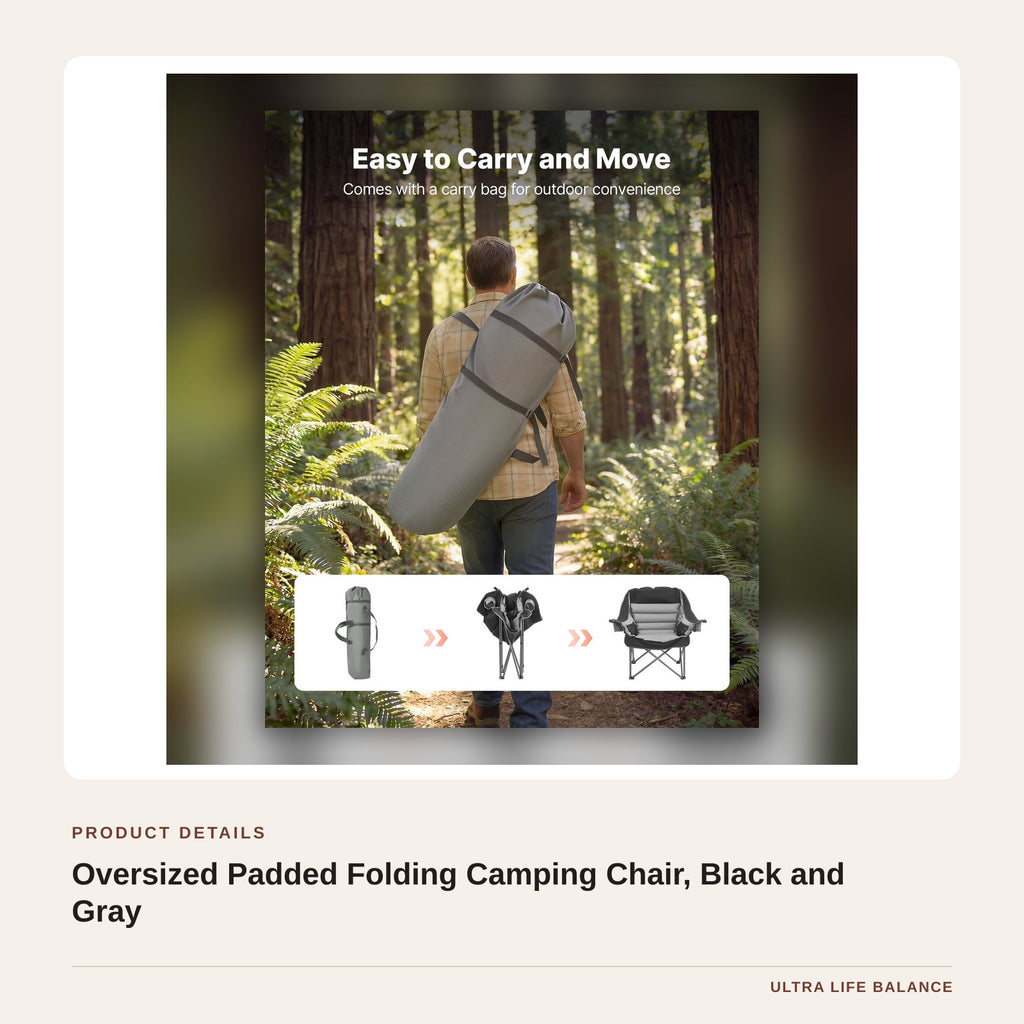 Oversized Padded Folding Camping Chair, Black and Gray product detail