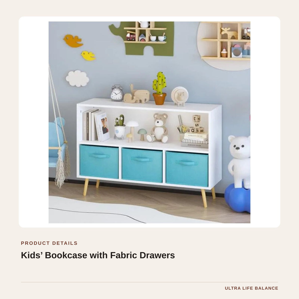 Kids’ Bookcase with Fabric Drawers product detail