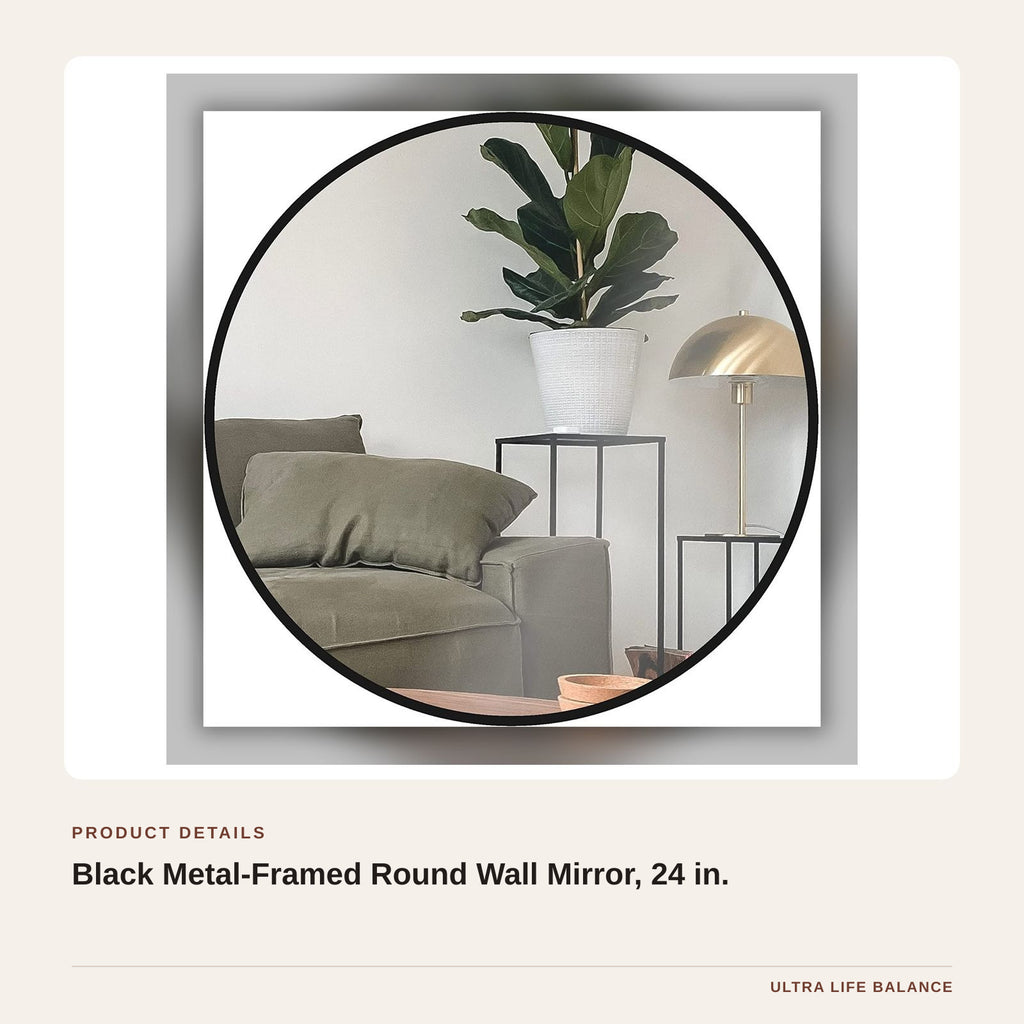 Black Metal-Framed Round Wall Mirror, 24 in. product detail