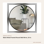 Black Metal-Framed Round Wall Mirror, 24 in. product detail