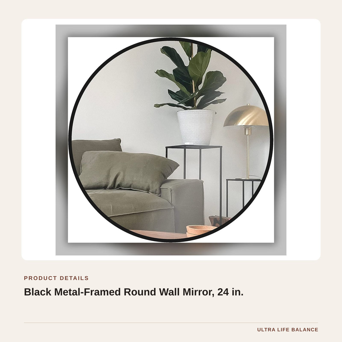 Black Metal-Framed Round Wall Mirror, 24 in. product detail