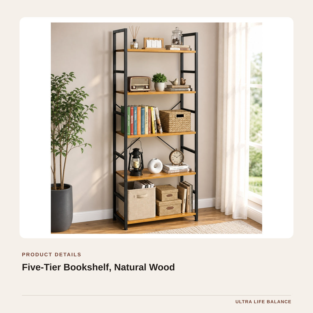 Five-Tier Bookshelf, Natural Wood product detail