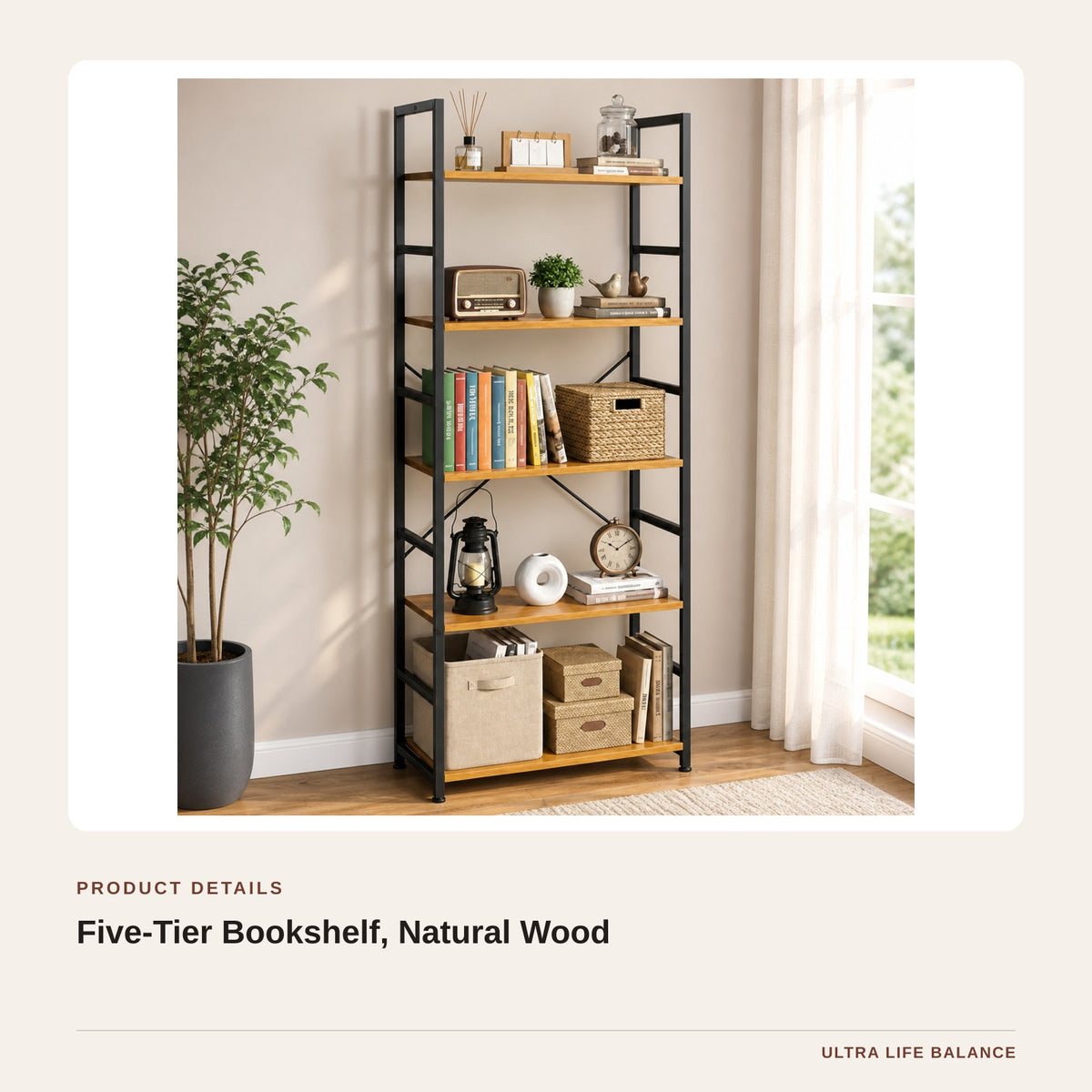 Five-Tier Bookshelf, Natural Wood product detail