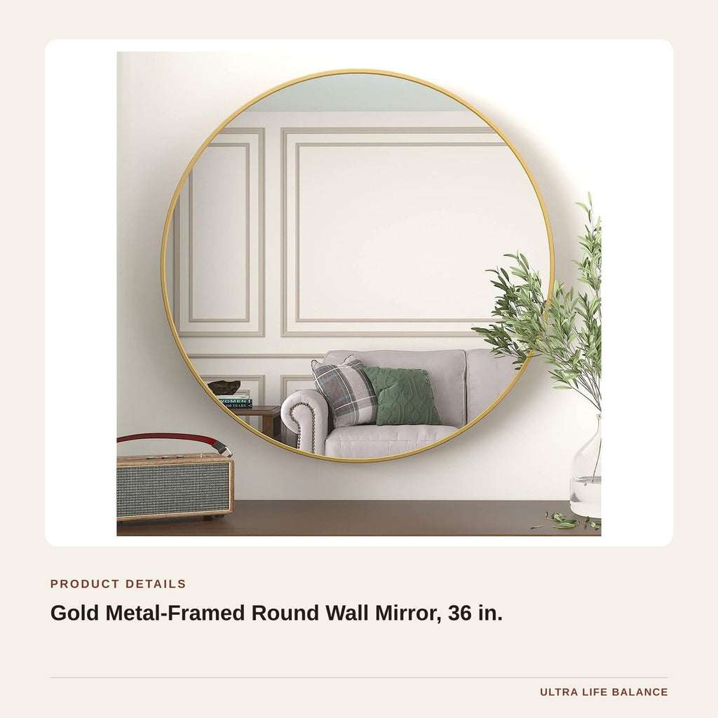 Gold Metal-Framed Round Wall Mirror, 36 in. product detail