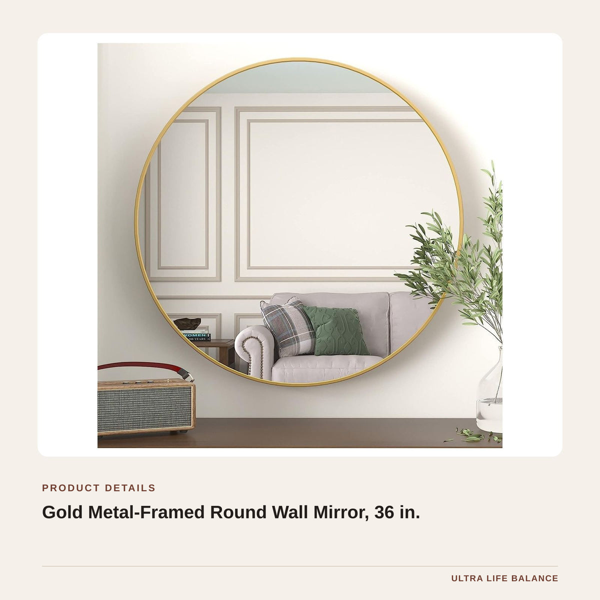 Gold Metal-Framed Round Wall Mirror, 36 in. product detail