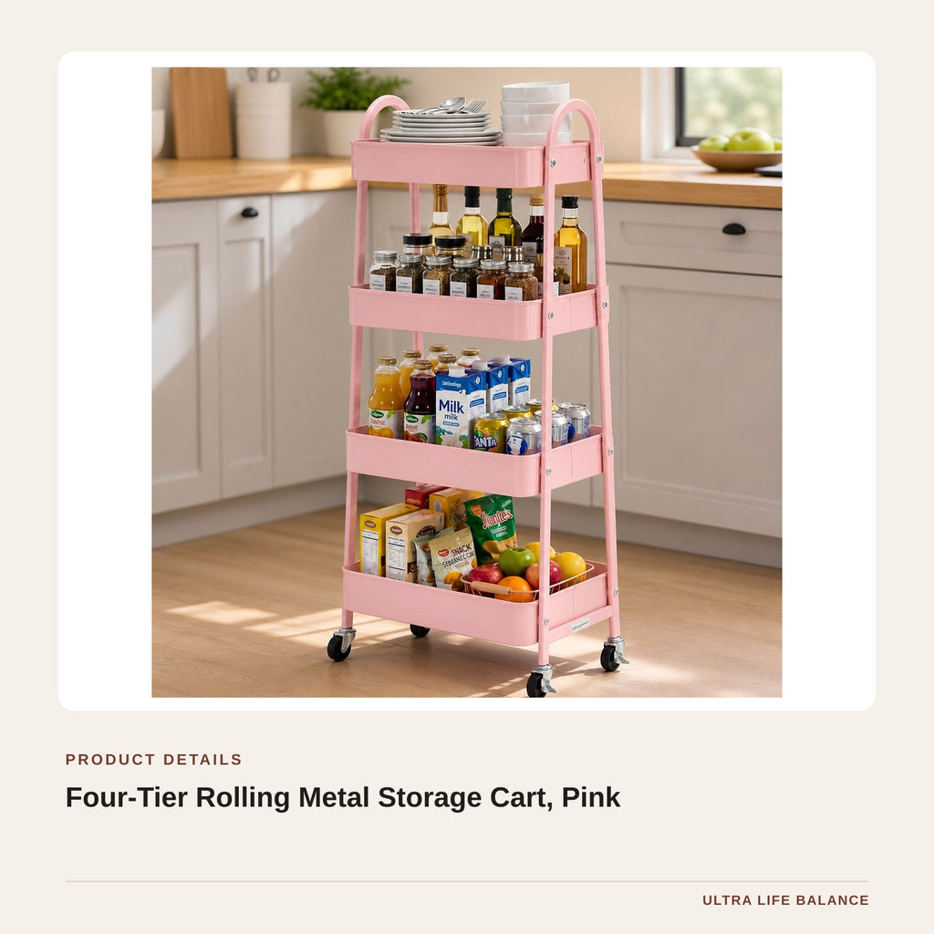 Four-Tier Rolling Metal Storage Cart, Pink product detail