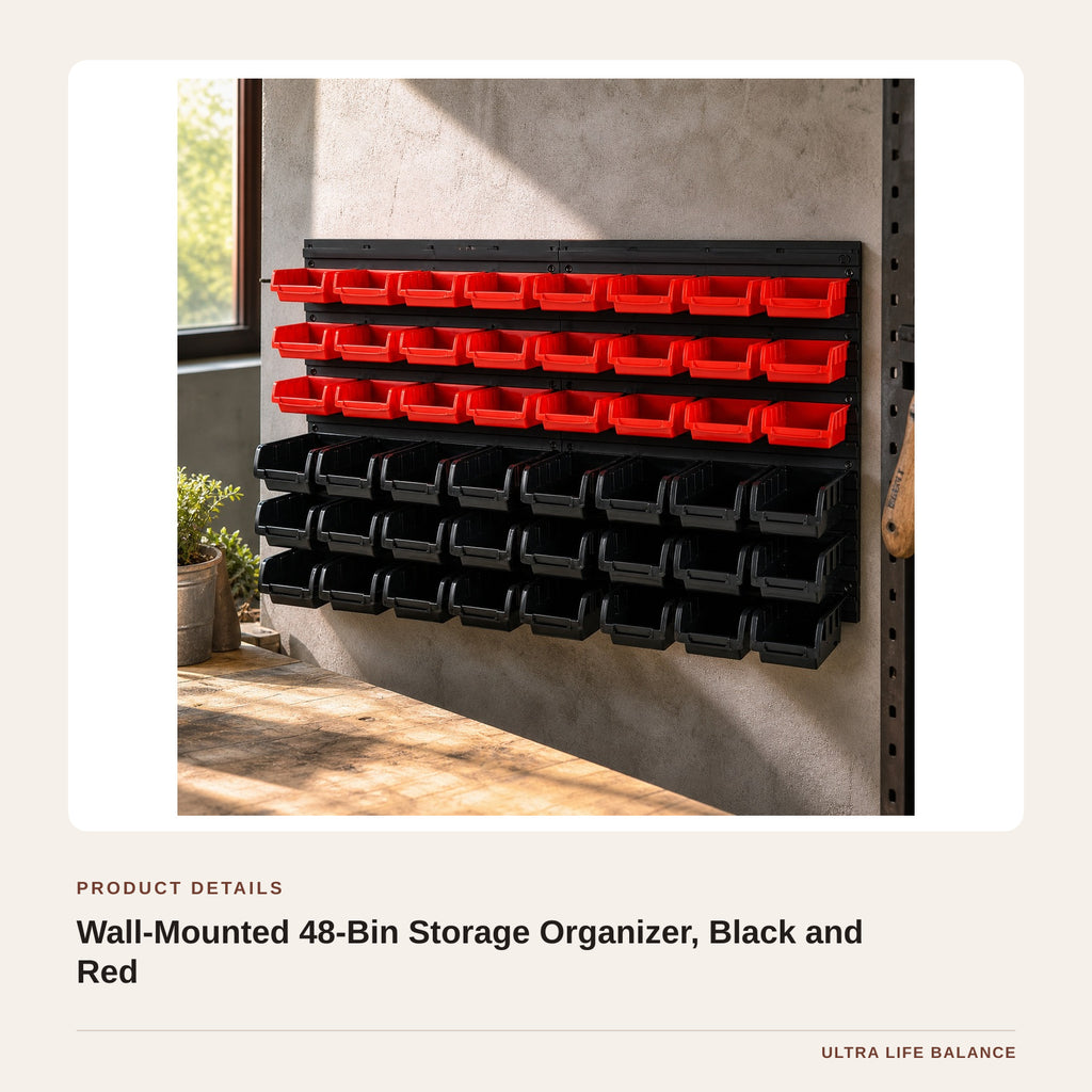 Wall-Mounted 48-Bin Storage Organizer, Black and Red product detail