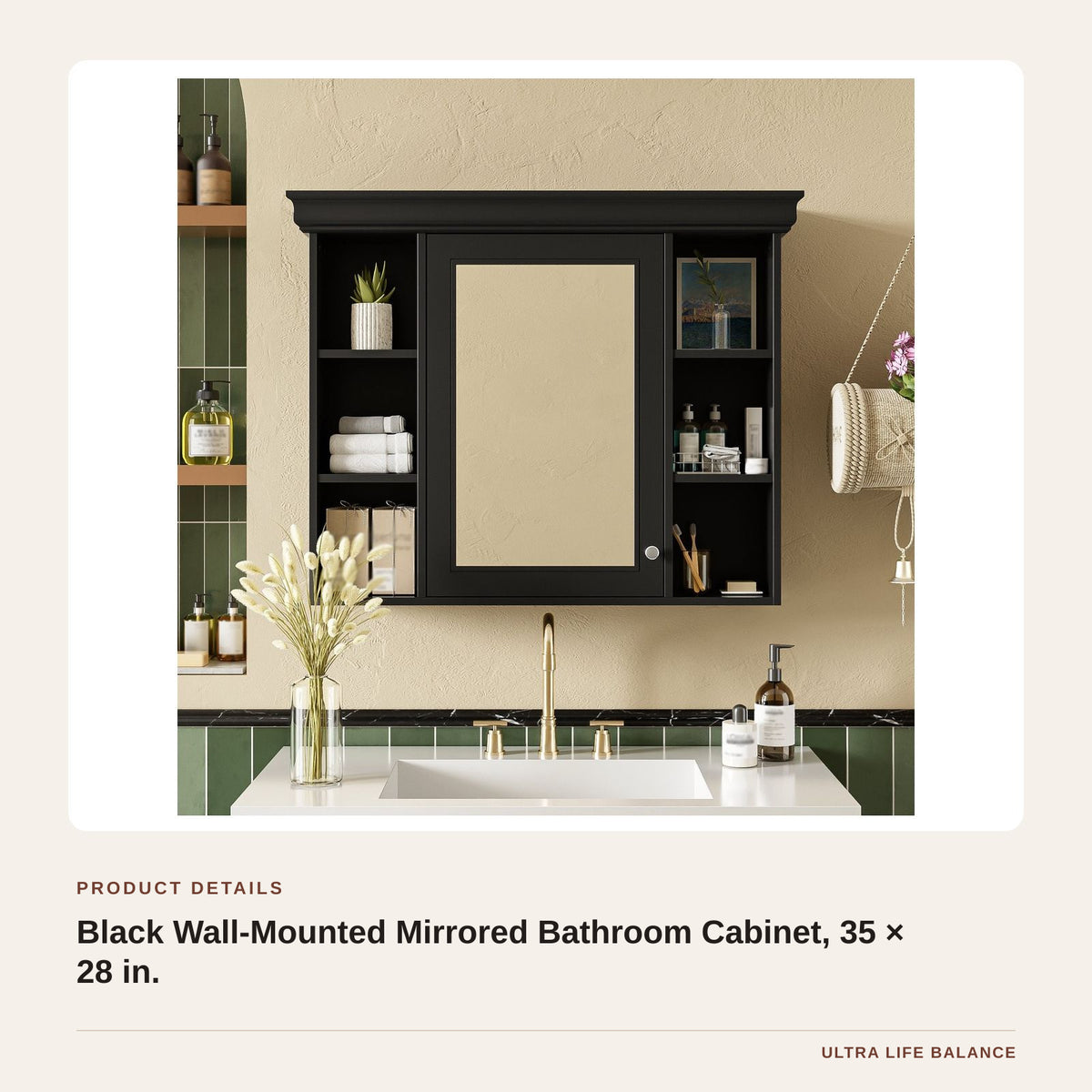 Black Wall-Mounted Mirrored Bathroom Cabinet, 35 × 28 in. product detail