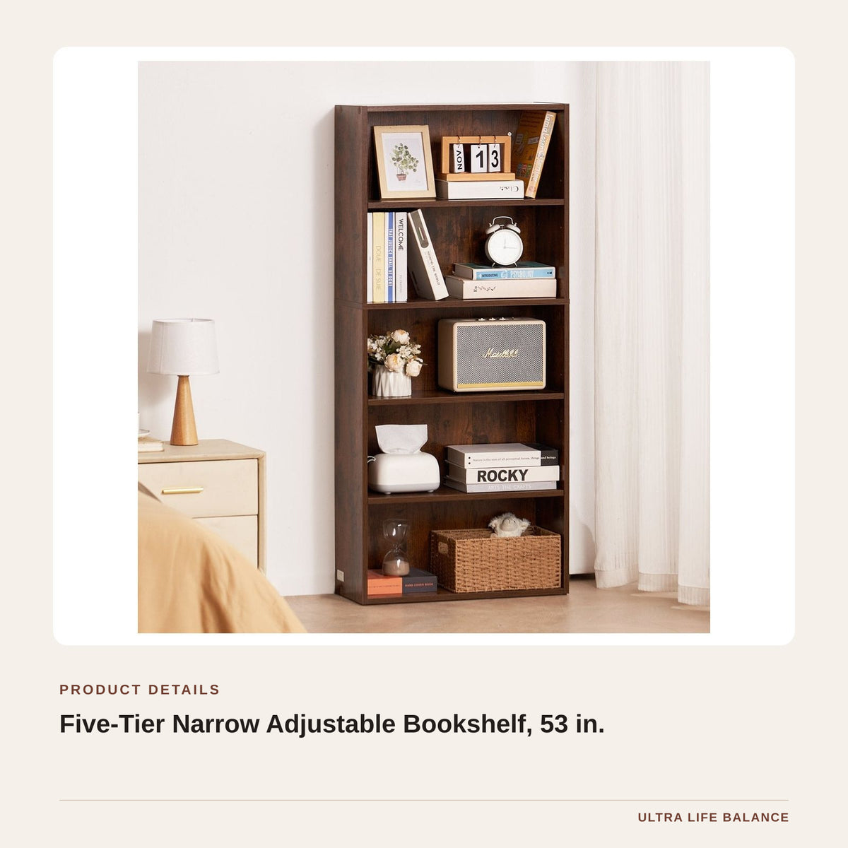 Five-Tier Narrow Adjustable Bookshelf, 53 in. product detail