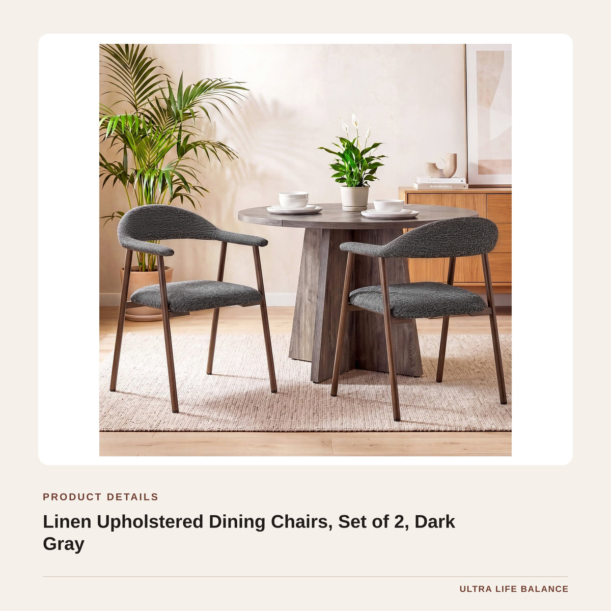 Linen Upholstered Dining Chairs, Set of 2, Dark Gray product detail