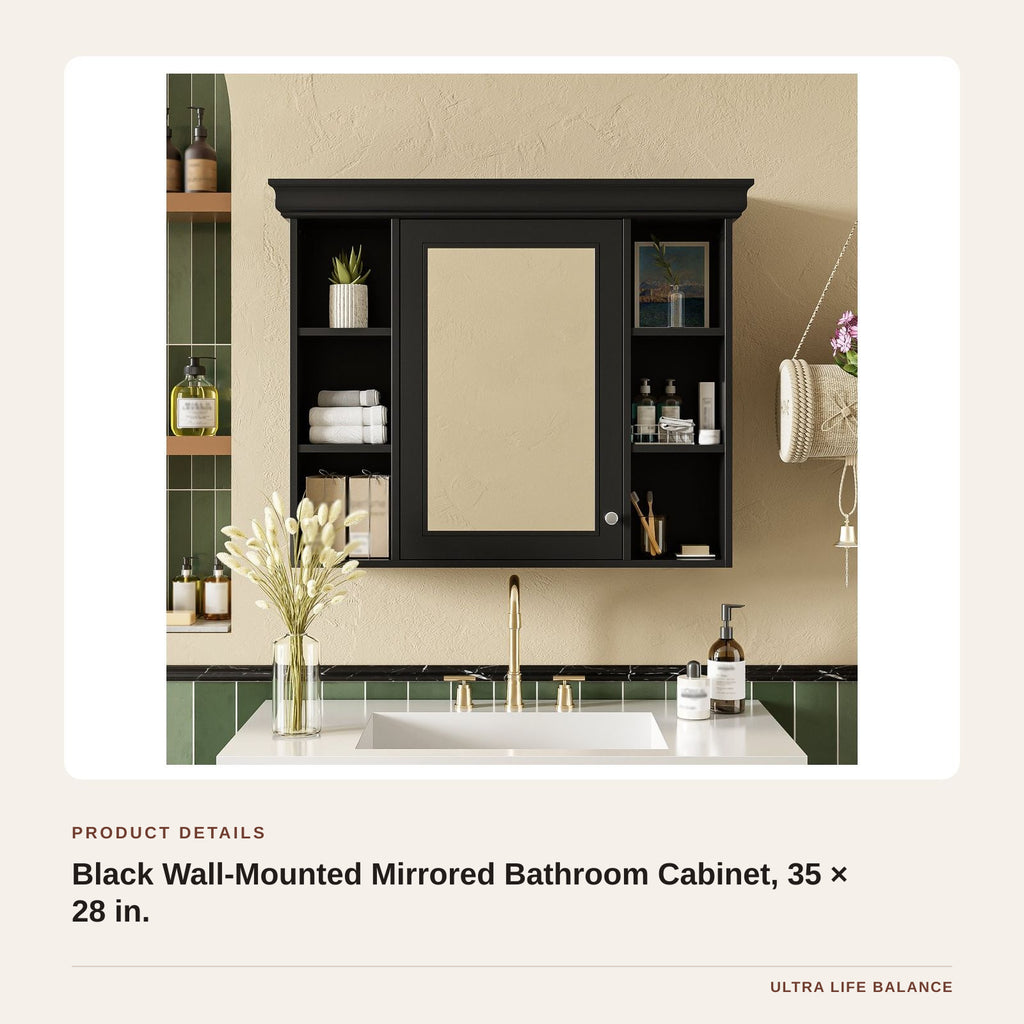 Black Wall-Mounted Mirrored Bathroom Cabinet, 35 × 28 in. product detail
