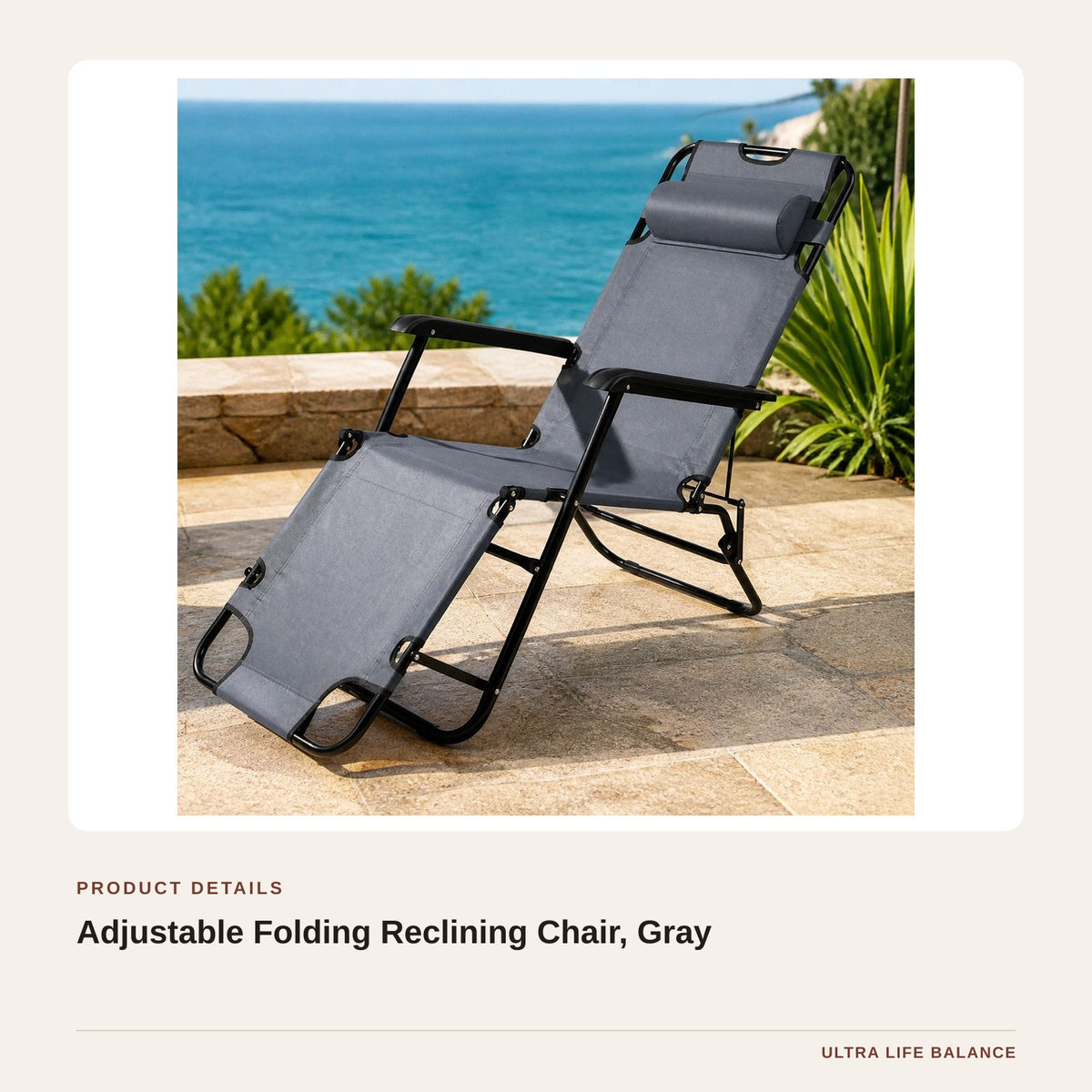 Adjustable Folding Reclining Chair, Gray product detail