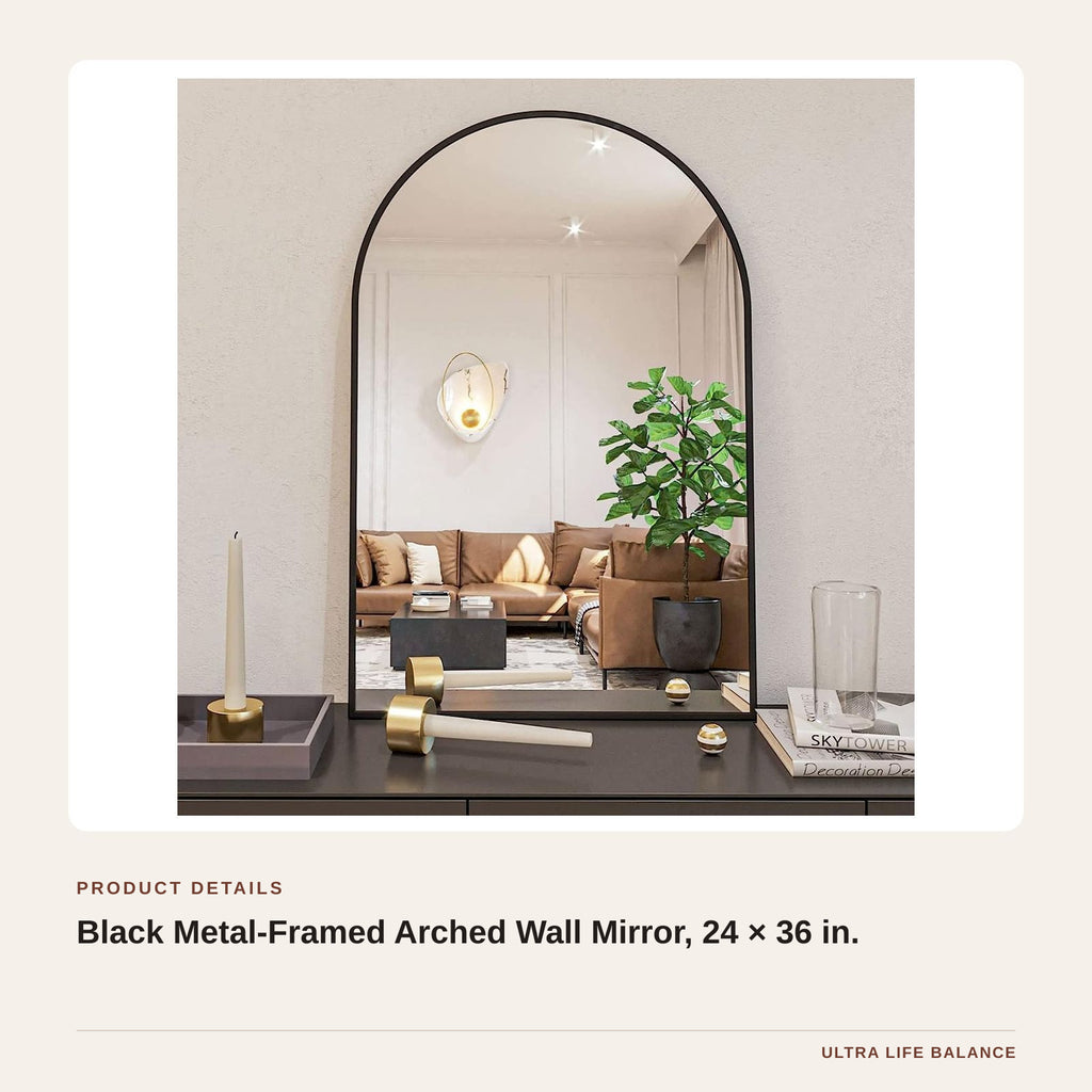 Black Metal-Framed Arched Wall Mirror, 24 × 36 in. product detail