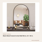 Black Metal-Framed Arched Wall Mirror, 24 × 36 in. product detail