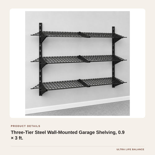 Three-Tier Steel Wall-Mounted Garage Shelving, 0.9 × 3 ft. product detail