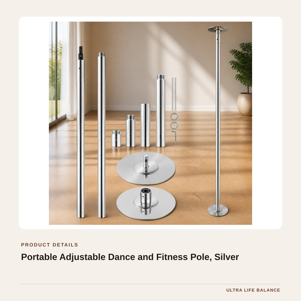 Portable Adjustable Dance and Fitness Pole, Silver product detail