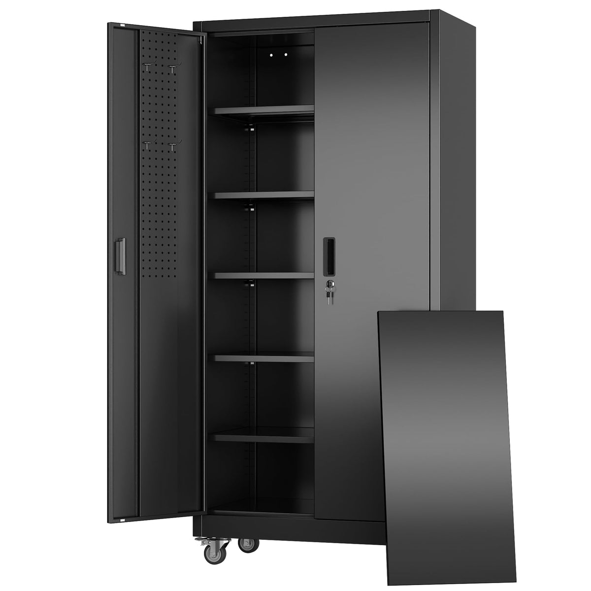 Aobabo Metal Storage Cabinet With Wheels And Door Pegboard Garage And Business Storage For Tools And Office Supplies 5 Adjustable Shelves, Lockable Black Cabinet — product image 1