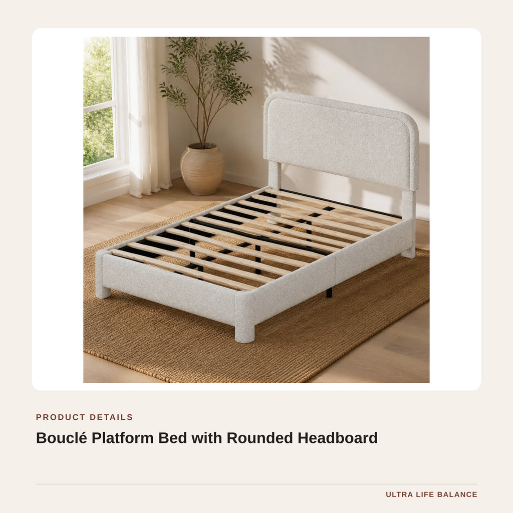 Bouclé Platform Bed with Rounded Headboard product detail