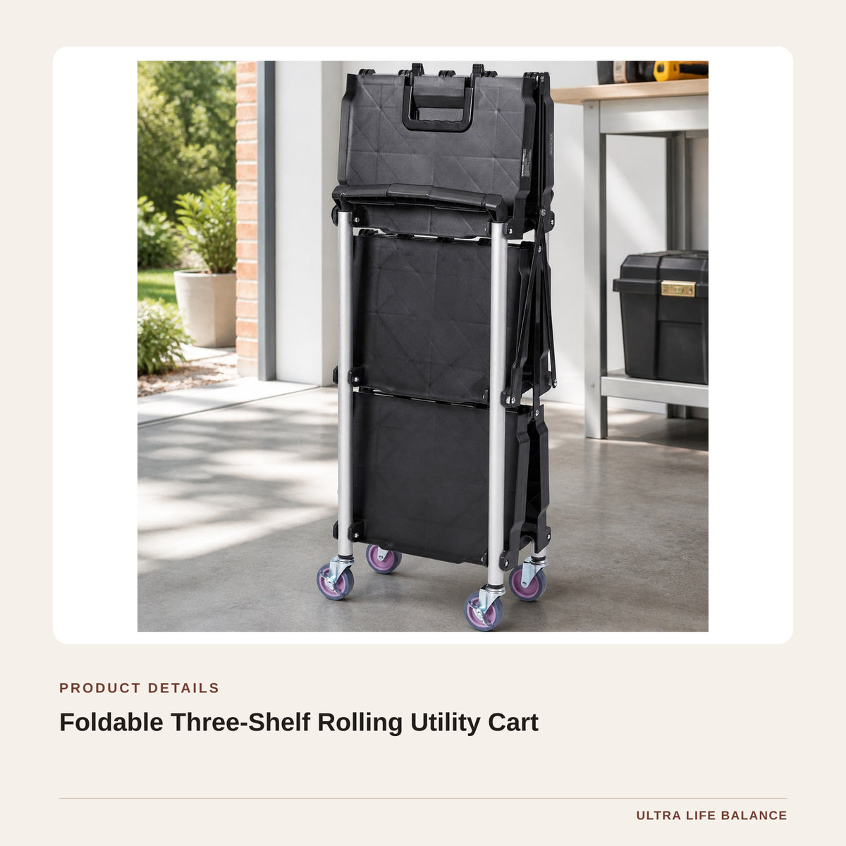 Foldable Three-Shelf Rolling Utility Cart product detail