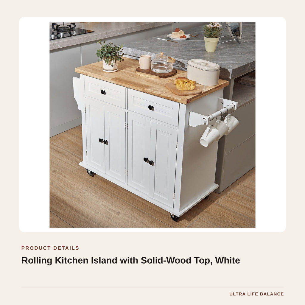 Rolling Kitchen Island with Solid-Wood Top, White product detail