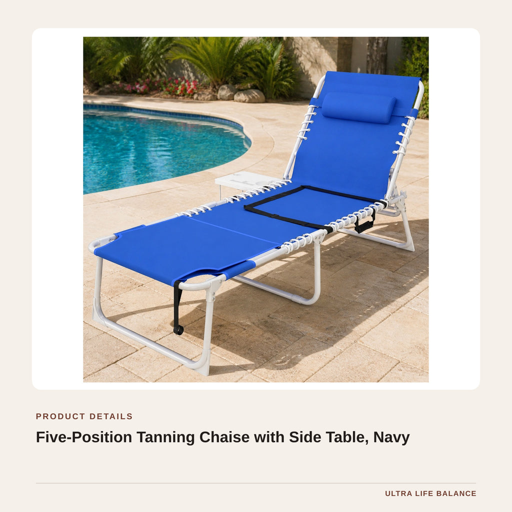 Five-Position Tanning Chaise with Side Table, Navy product detail