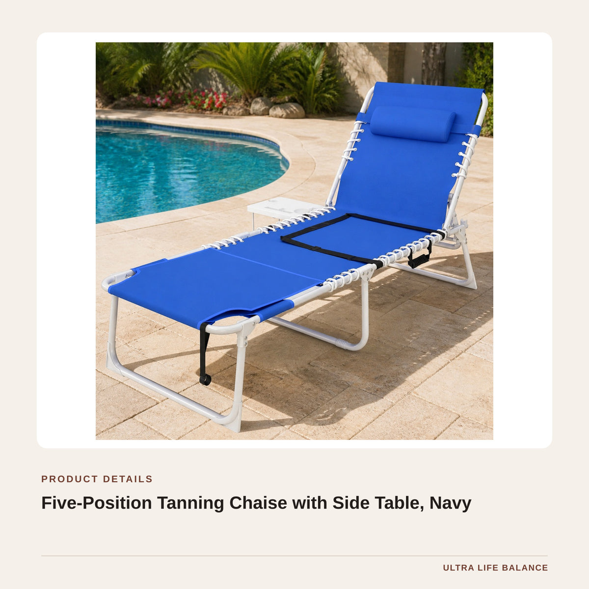 Five-Position Tanning Chaise with Side Table, Navy product detail