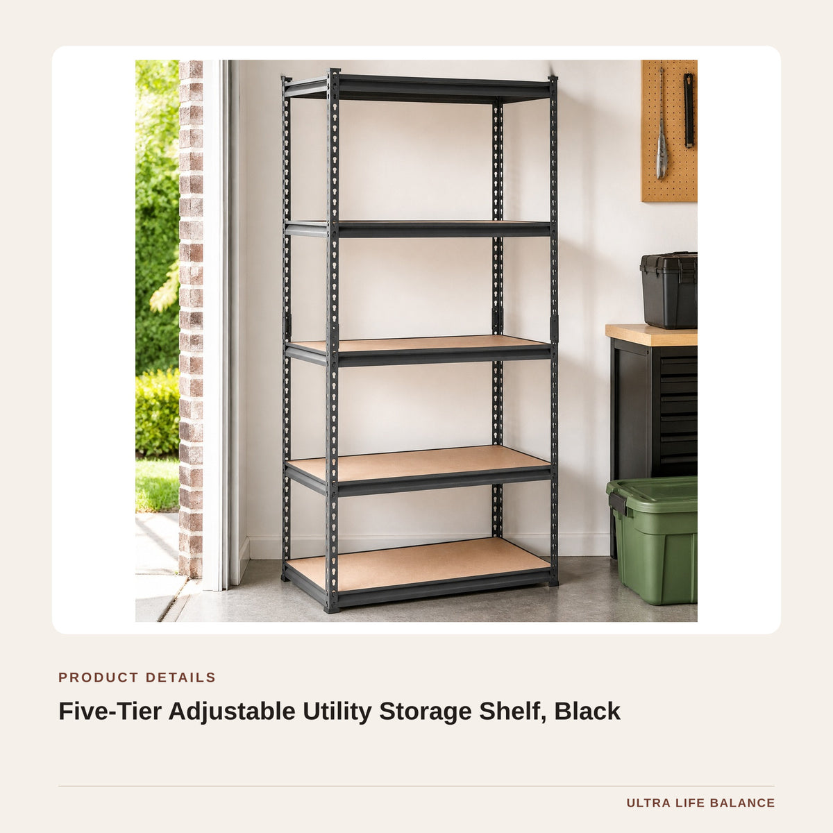 Five-Tier Adjustable Utility Storage Shelf, Black product detail