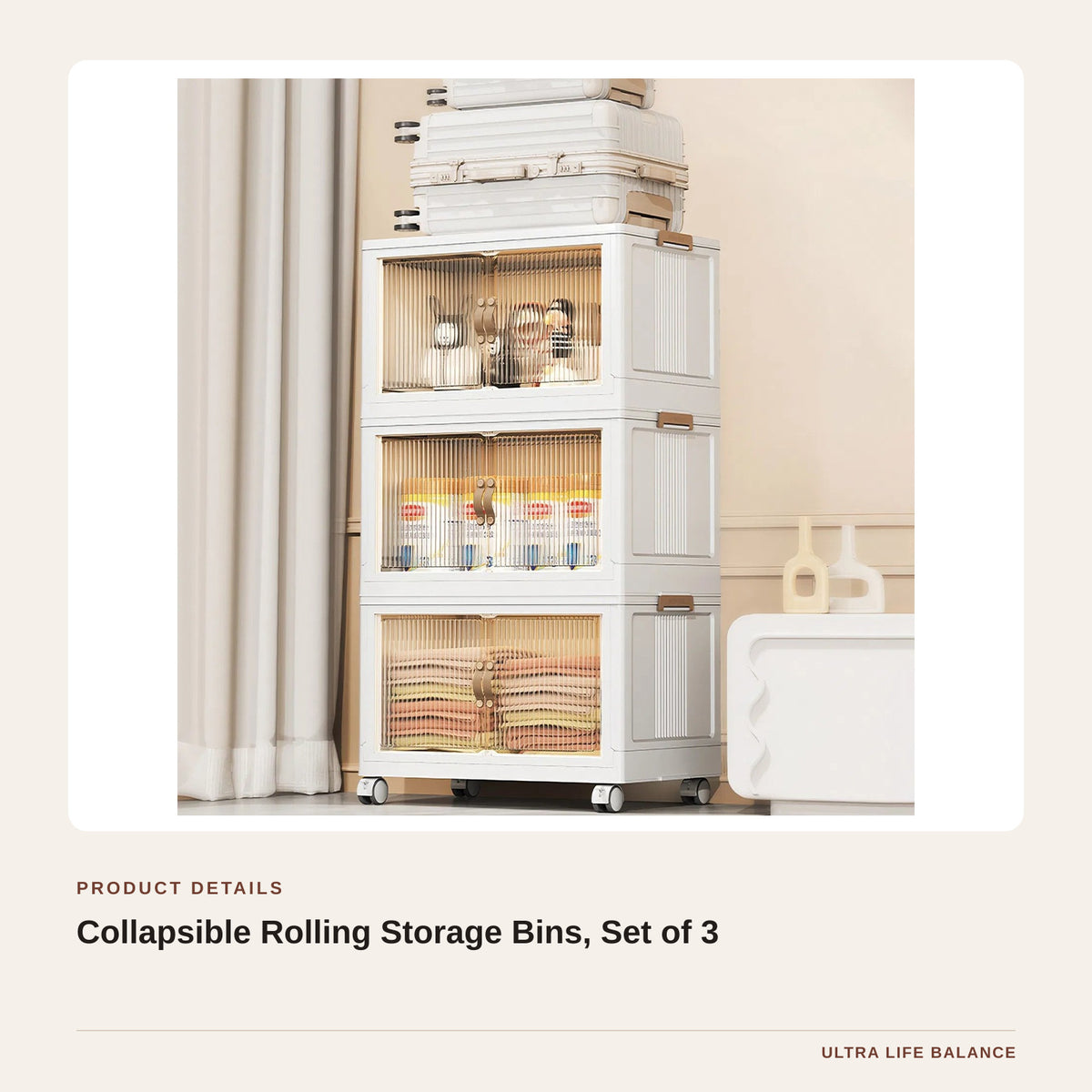 Collapsible Rolling Storage Bins, Set of 3 product detail